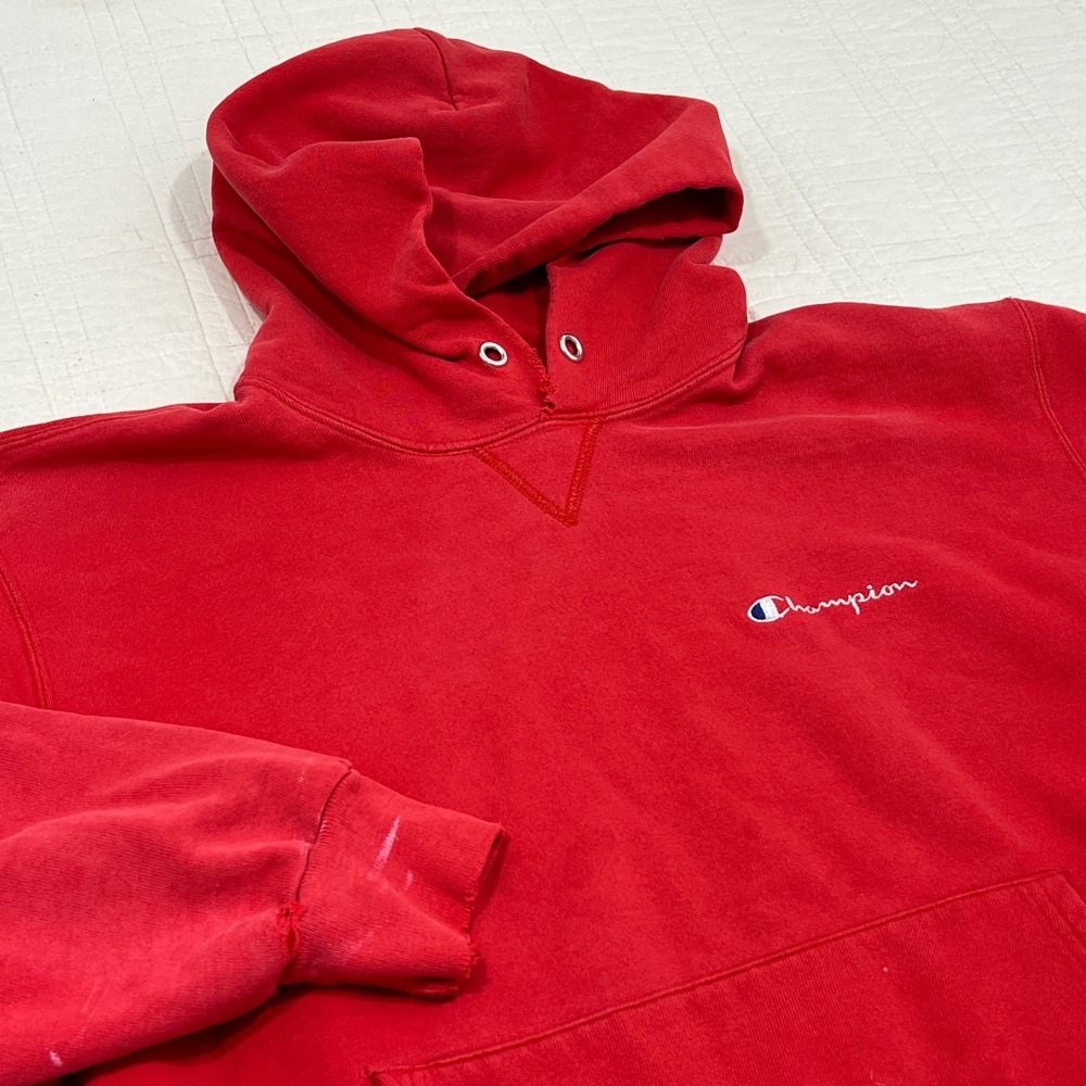 Vintage Champion Hoodie Red XL Made in USA Distressed 90s Script Logo Pullover